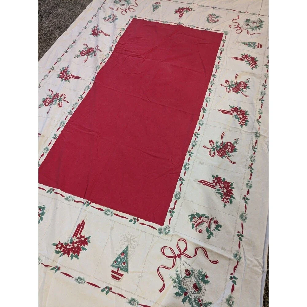 Vintage 50s Rectangle Christmas Tablecloth MCM Cotton Bells Trees  Candles *Flaw